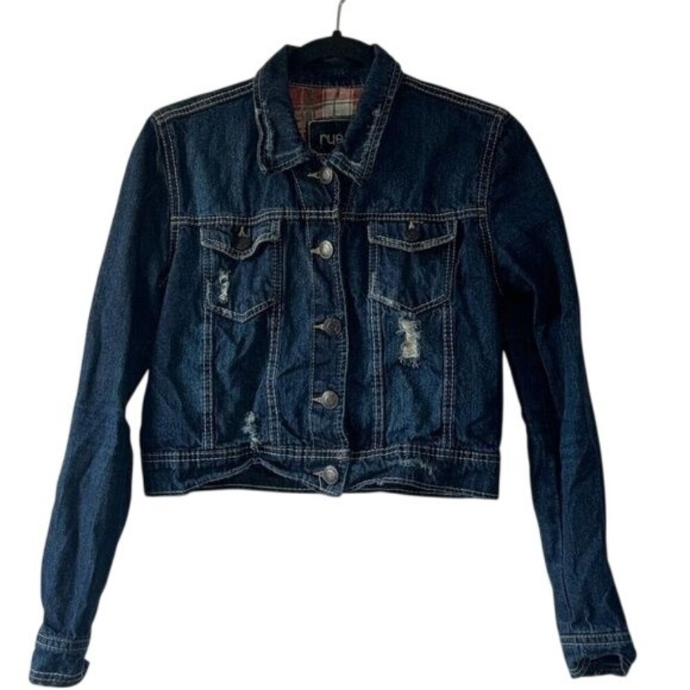 Rue21 Distressed Medium Wash Denim Jacket L/S Rip Torn Style Plaid Lining Size M